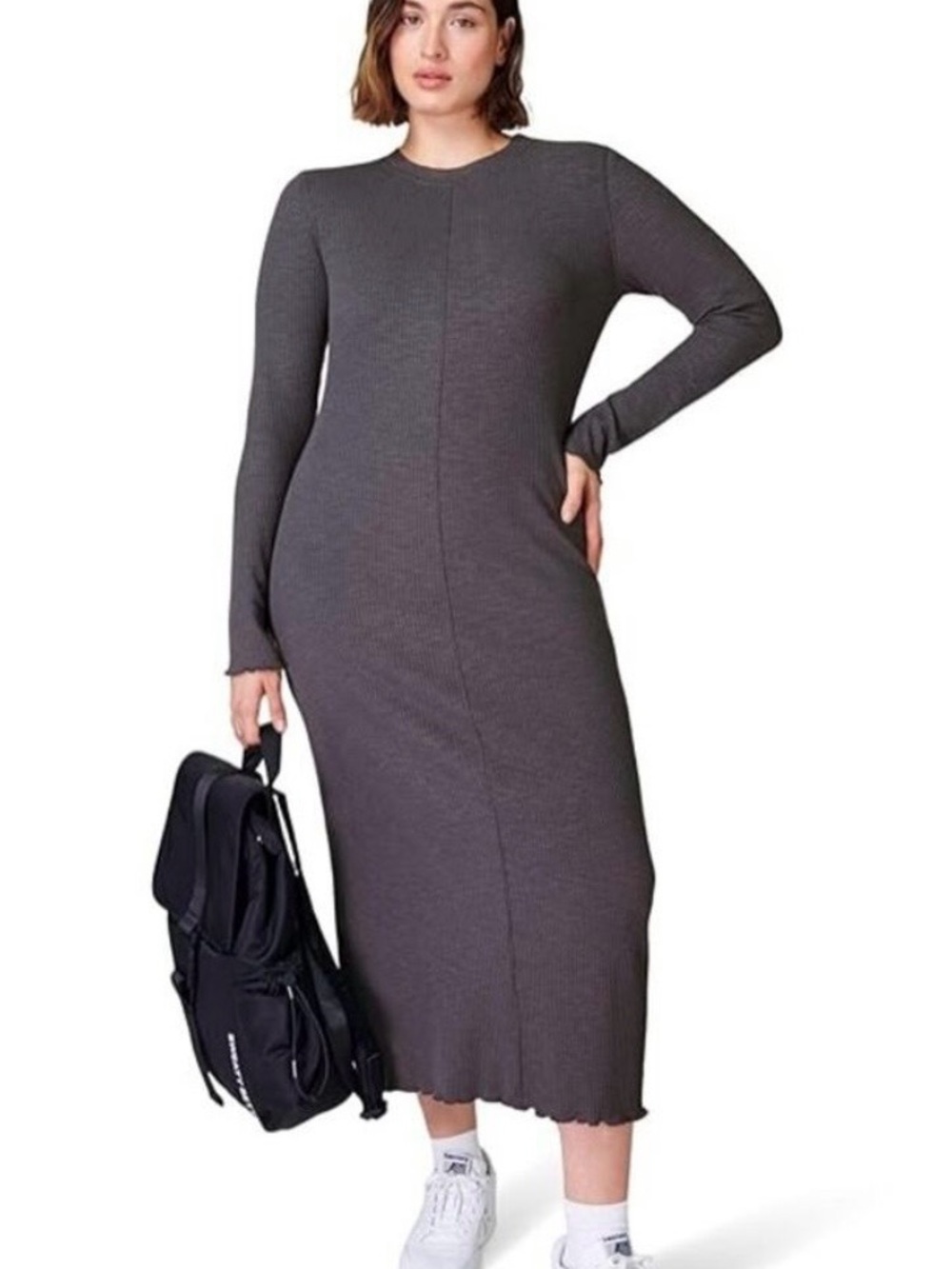 Sweaty Betty Charcoal Gray Ribbed Long-Sleeve Midi Dress